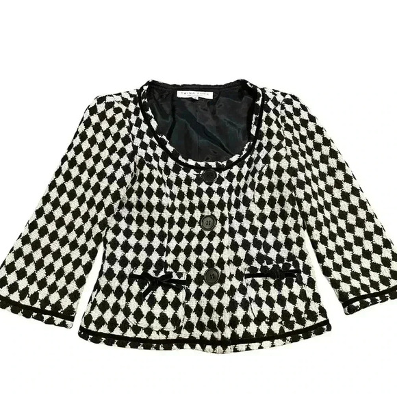 Trina Turk Wool Blend Jacket Size 4 Tweed Preppy Velvet Trim Bows Chic Career - Picture 1 of 10
